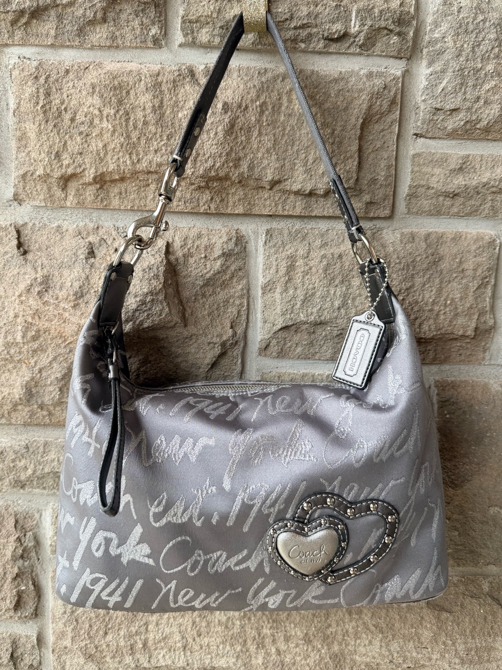 COACH Poppy Signature Script Lurex Hobo Bag - Metallic Silver/Grey